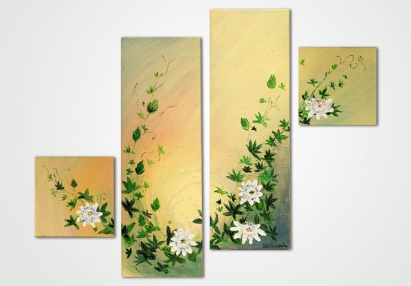 oil painting four part picture green flowers