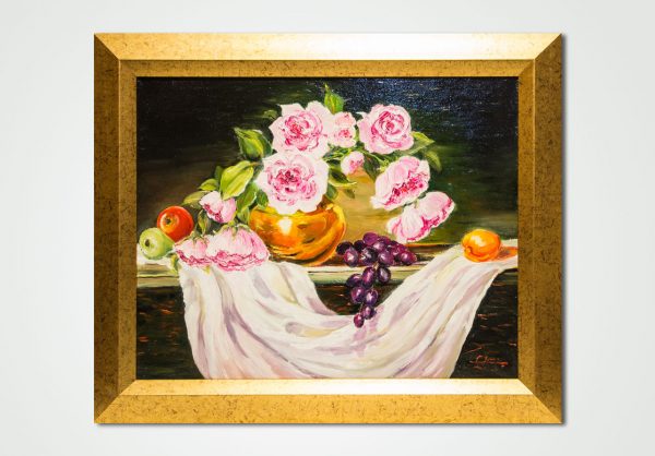 oil painting still-life peonies and fruits