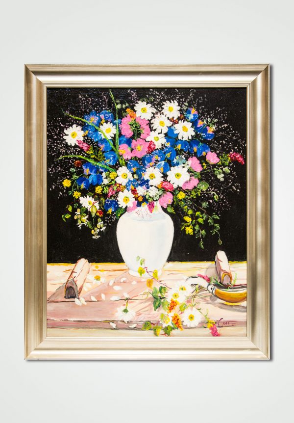 oil painting still life spring blue flowers