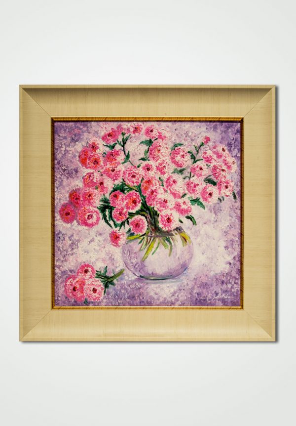 oil painting still-life vase pink flowers on a purple background