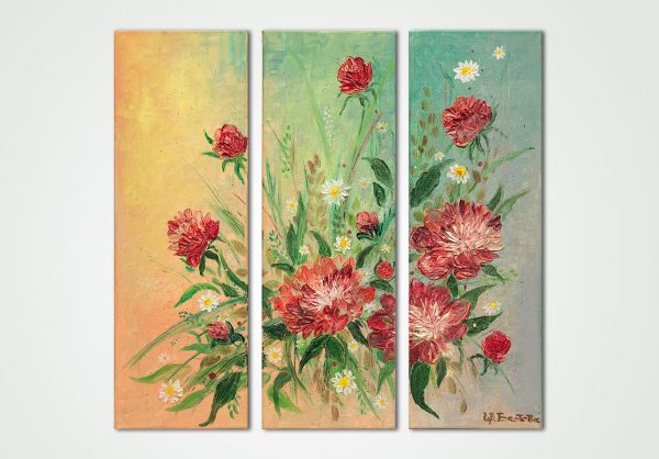 oil painting triptych peonies